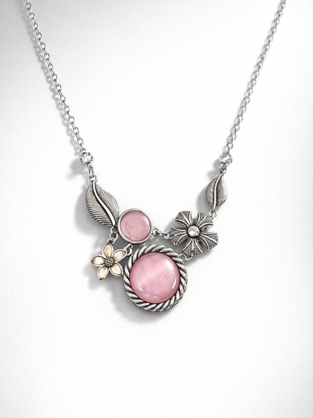 Pink Stone Floral Pendant Necklace and Earrings - Women Jewelry - Picture 2 of 4